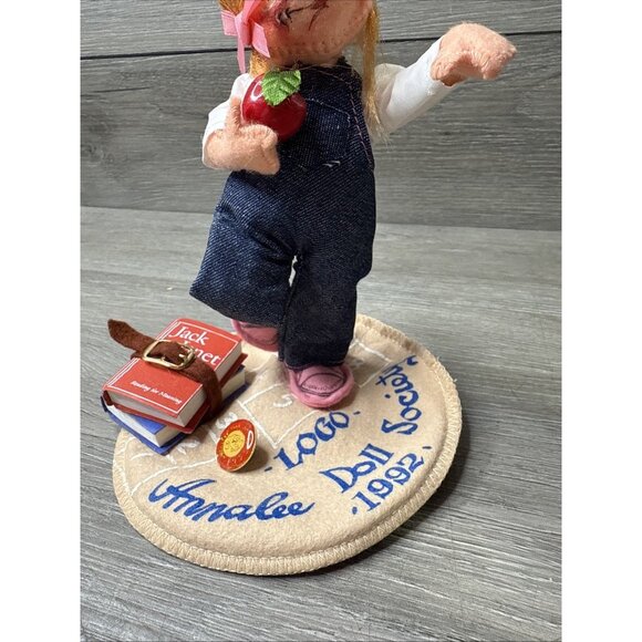 Annalee Doll Society Logo 1992 School Girl Denim Overalls Books Apple Sun Pin - Picture 4 of 12